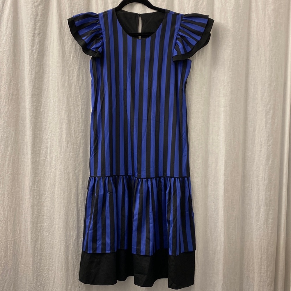 Vintage Lana B Black Blue Striped Ruffle Midi Dress Size‎ 5/6